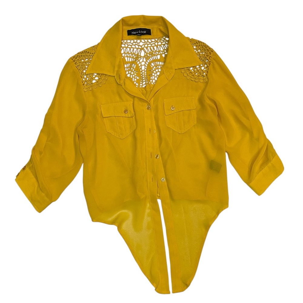 New Look Tie at the Waist Mustard Button Down Shirt with Crochet Detail Sz M